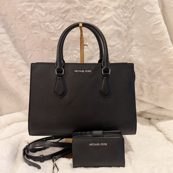 Michael Kors Black Saffiano Leather Satchel bag & Wallet Set Crossbody Strap - Picture 1 of 16